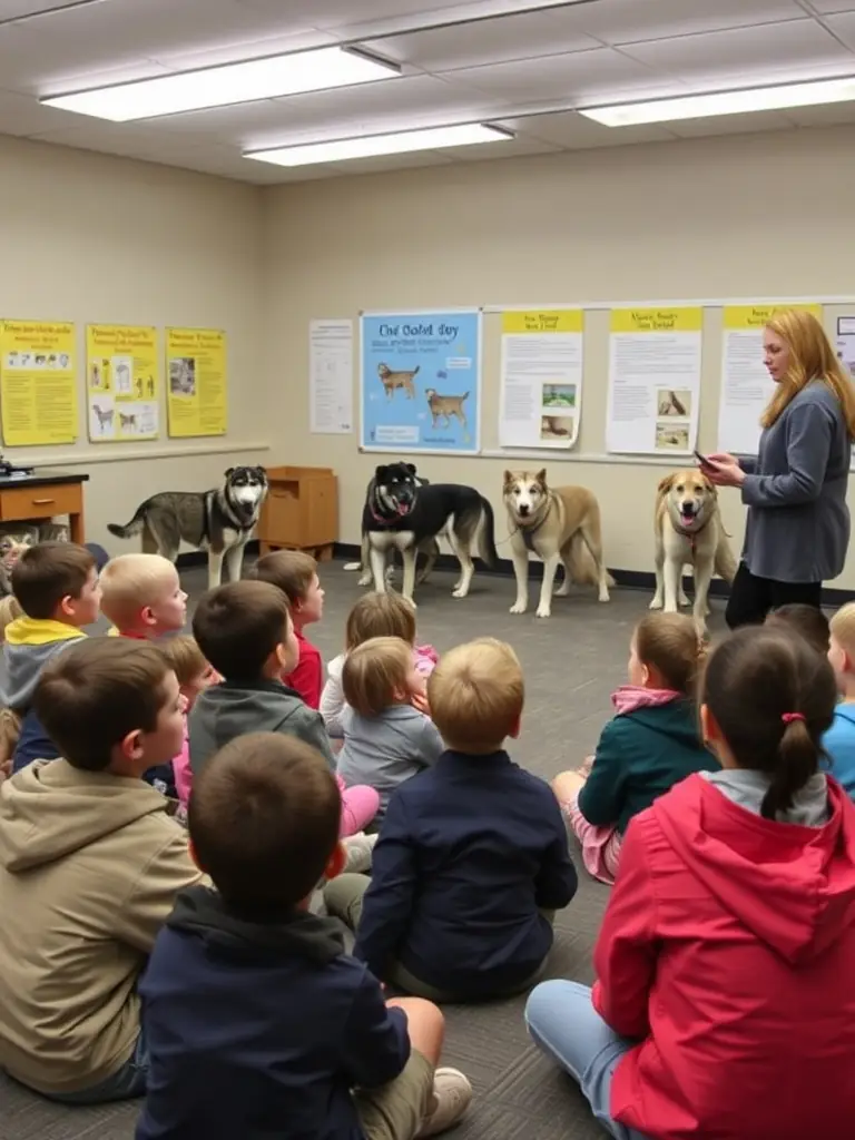 An engaging image of children participating in an educational program about Nordic dogs, learning about their history, care, and the importance of responsible pet ownership.