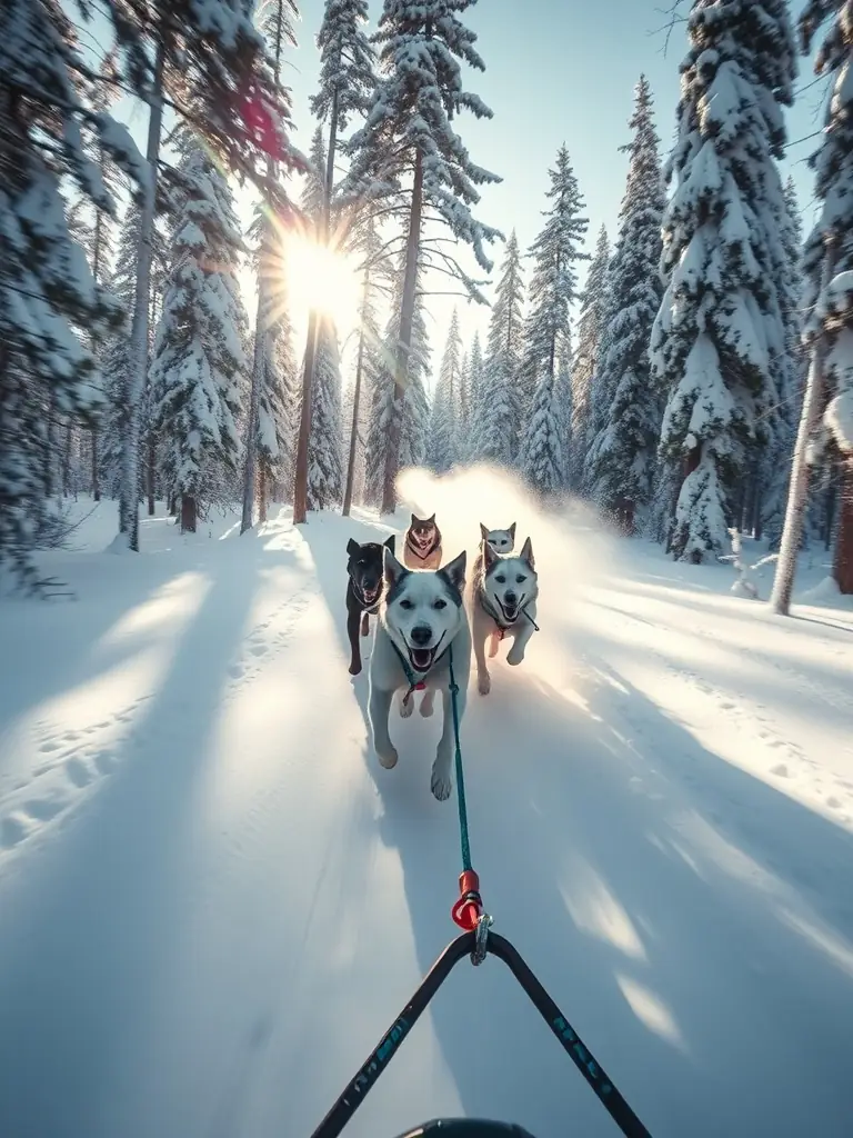 A vibrant action shot of a dog sled team racing through a snowy forest during a LES LOUPS MAGIC DE CHARENTE sledding event, showcasing the speed and agility of the dogs and the excitement of the sport.
