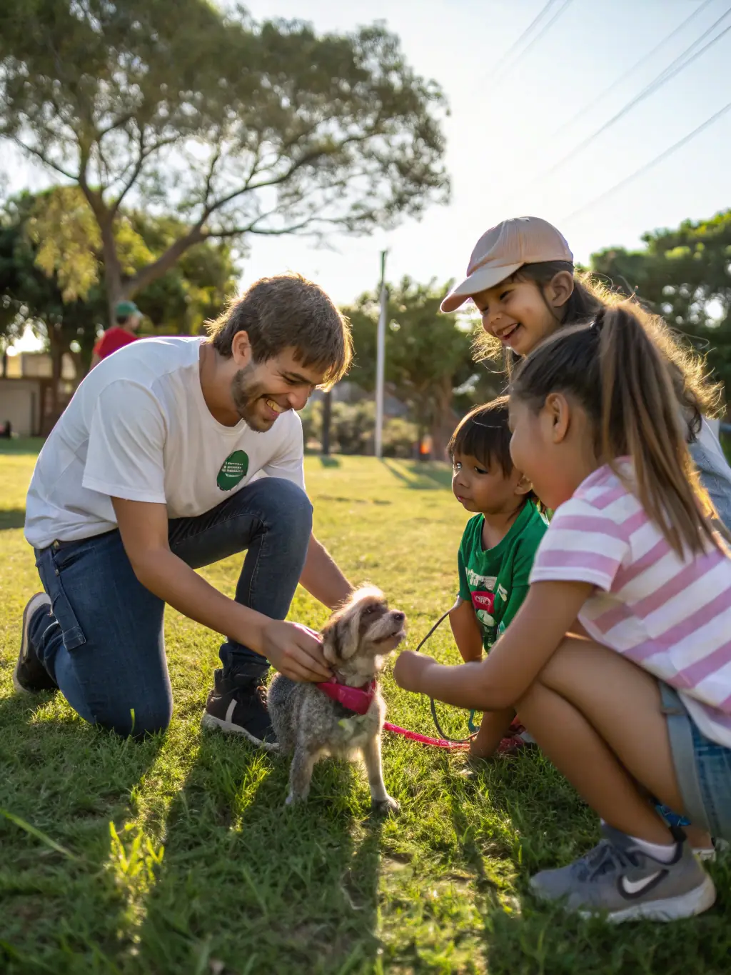 A heartwarming image of volunteers interacting with dogs at a LES LOUPS MAGIC DE CHARENTE event, showcasing the community aspect and the care provided to the animals.