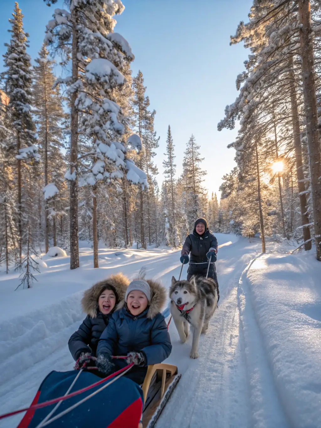 A vibrant image of a sled dog team racing through a snowy forest during a sledding event organized by LES LOUPS MAGIC DE CHARENTE, showcasing the excitement and energy of the sport.