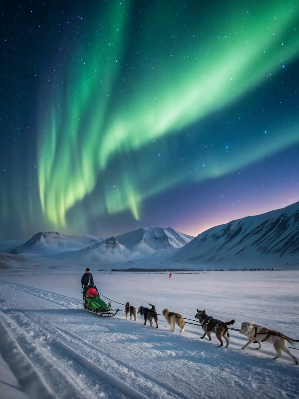 A scenic shot of a dog sled team traversing a mountain trail at sunset, highlighting the beauty of the natural environment and the harmony between humans and animals in dog sledding.