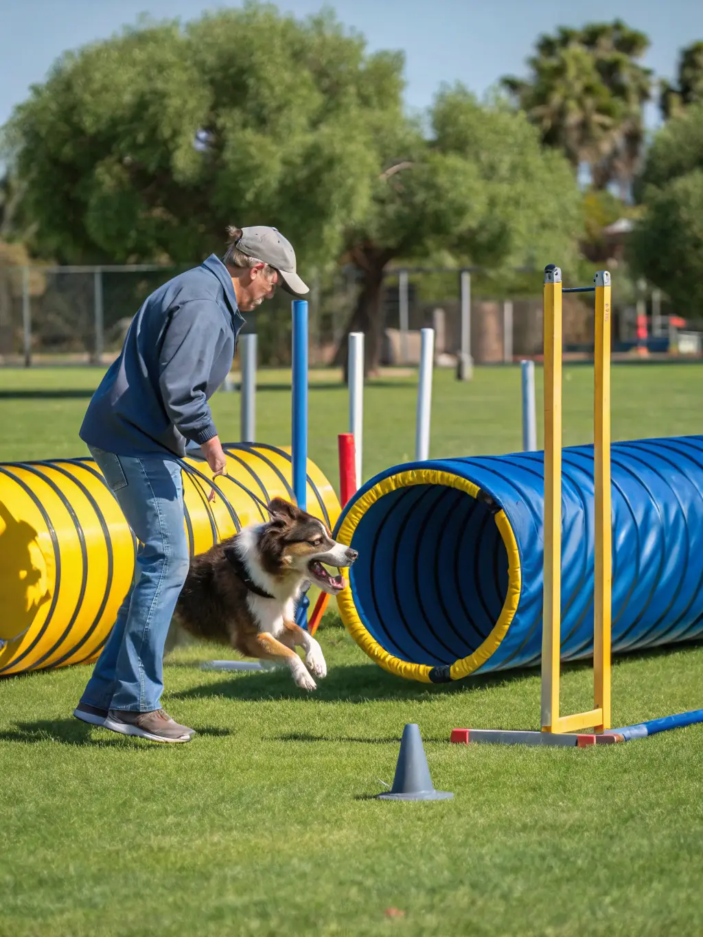 A focused image of a trainer guiding a dog through an agility course during a training session at LES LOUPS MAGIC DE CHARENTE, emphasizing the importance of proper training.